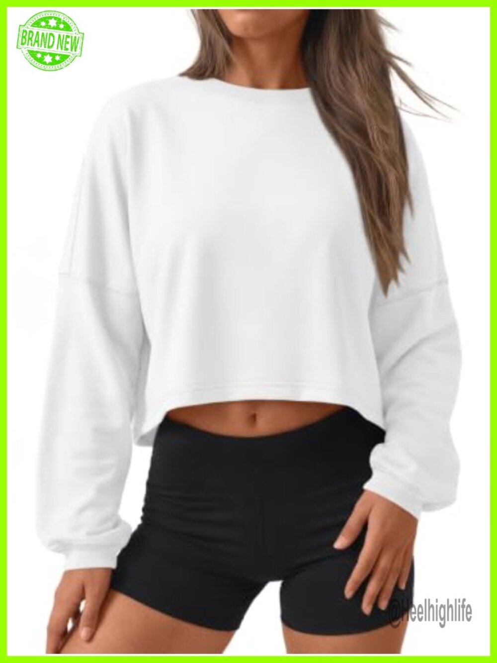 Cropped Crewneck Sweatshirt Long Sleeve Pullover Loose Fit Solid